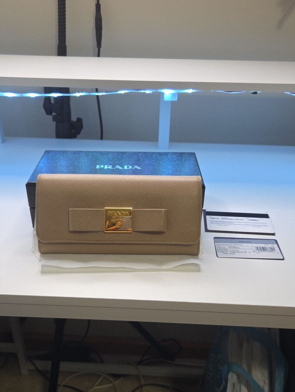 Prada Beige Saffiano Fiocco Bow-Accent Wallet with Gold Plaque